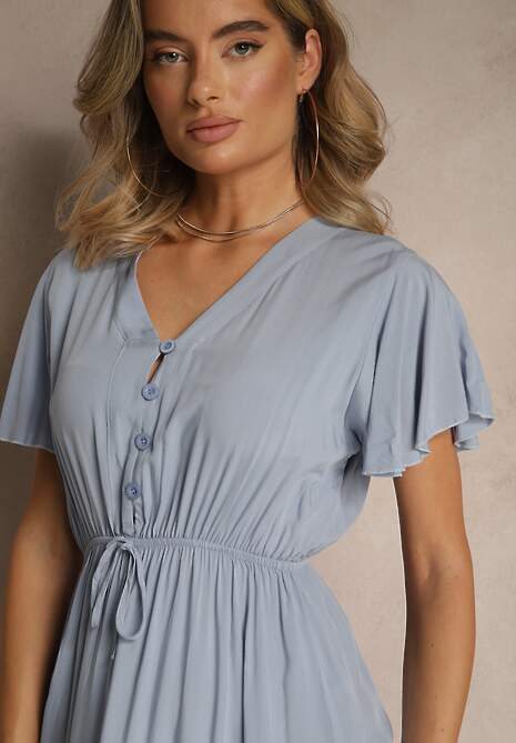 Niebieska Rozkloszowana Sukienka z Bawełny Zdobiona Guzikami Folennea