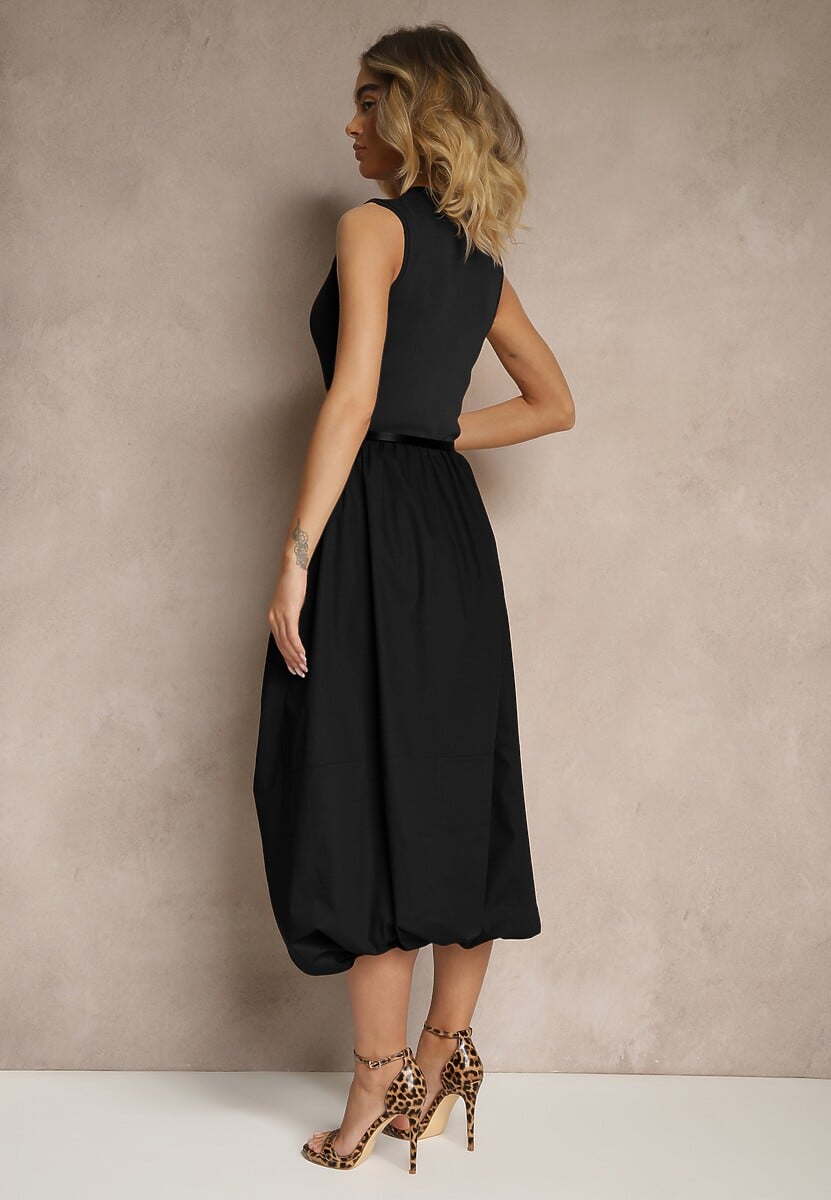 Czarna Sukienka z Wiskozy o Fasonie Balloon z Eleganckim Paskiem z Klamerką Stelliia