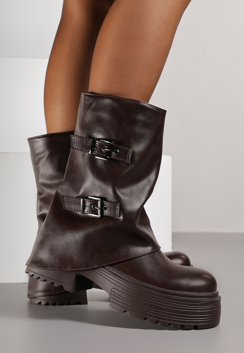 Ciemnobrązowe Botki Biker Vices z Wywiniętą Cholewką Platformą i Klamrami Reinila