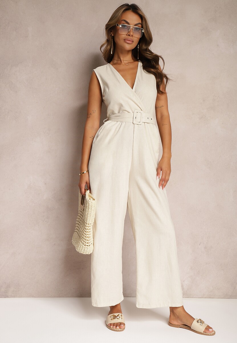 Beżowy Bawełniany Kombinezon z Kopertowym Dekoltem Paskiem z Klamrą i Gumką w Talii Risalen