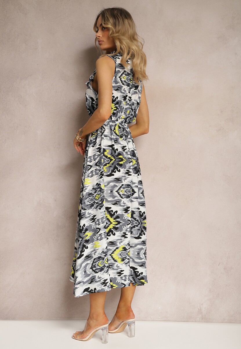 Szara Rozkloszowana Sukienka z Ozdobnymi Naszyciami na Dekolcie w Abstrakcyjni Print Flubia