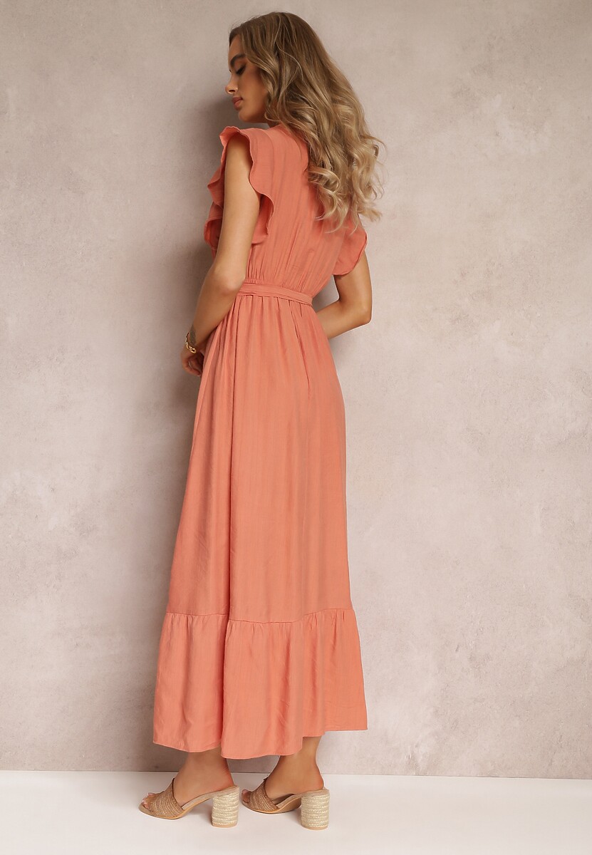 Pomarańczowa Rozkloszowana Sukienka Maxi z Gumką w Talii Lavla