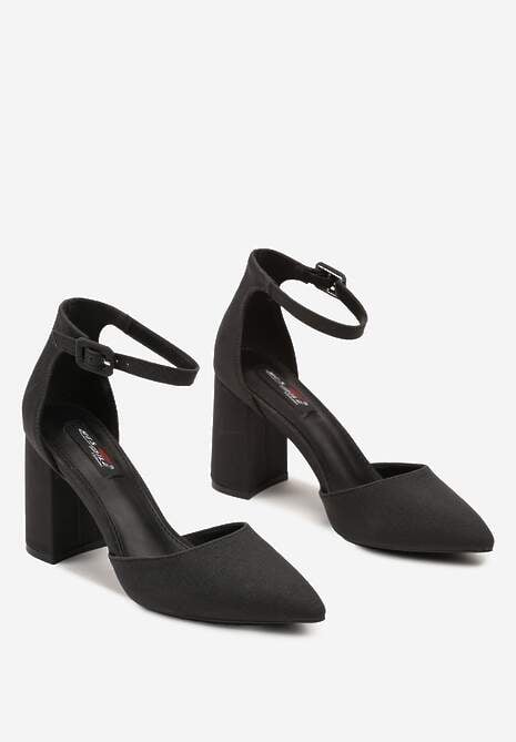 Czarne Czółenka na Słupkowym Obcasie Ozdobione Brokatem Zapinane na Klamerkę Jenneira