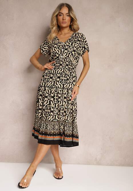 Czarno-Beżowa Sukienka z Bawełny z Trójkątnym Dekoltem i Gumką w Talii Zapinana na Guziki Lavlea
