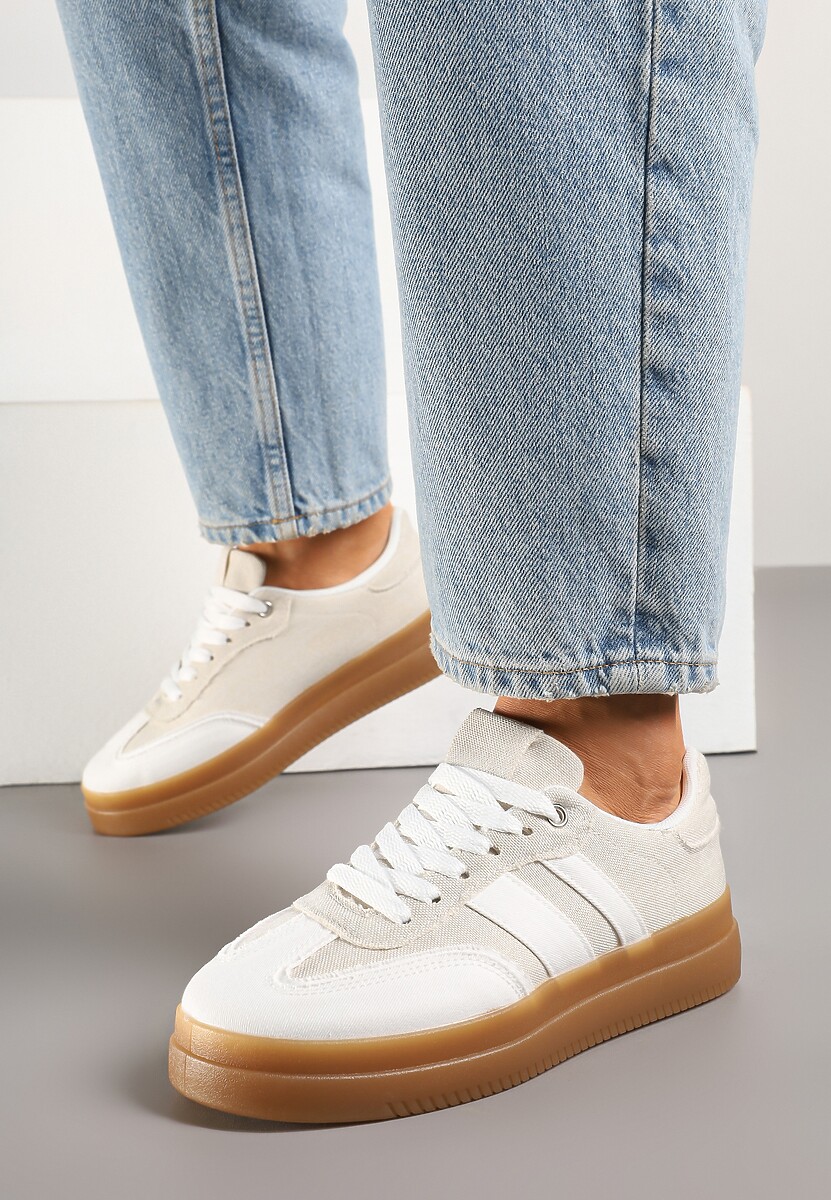 Biało-Beżowe Sneakersy Tenisówki Ozdobione Paskami Falaviela