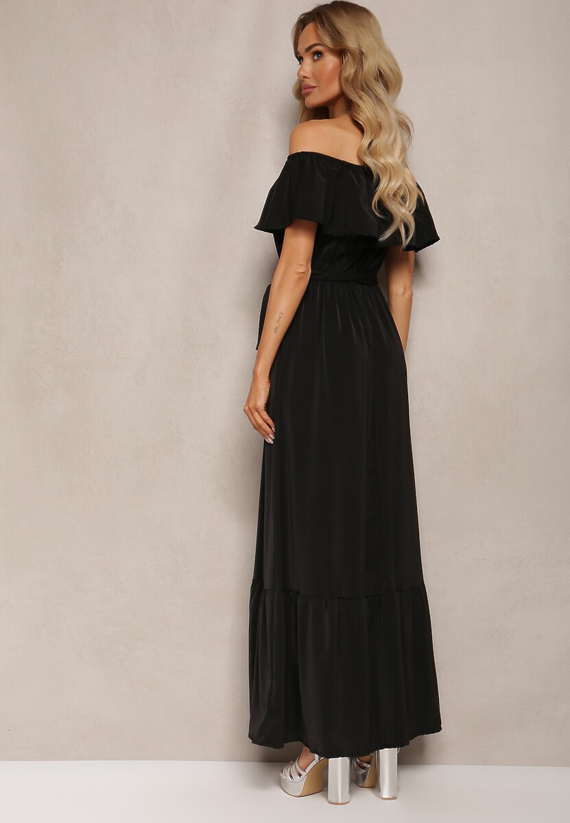 Czarna Hiszapanka Sukienka o Rozkloszowanym Fasonie z Falbanką Naviara