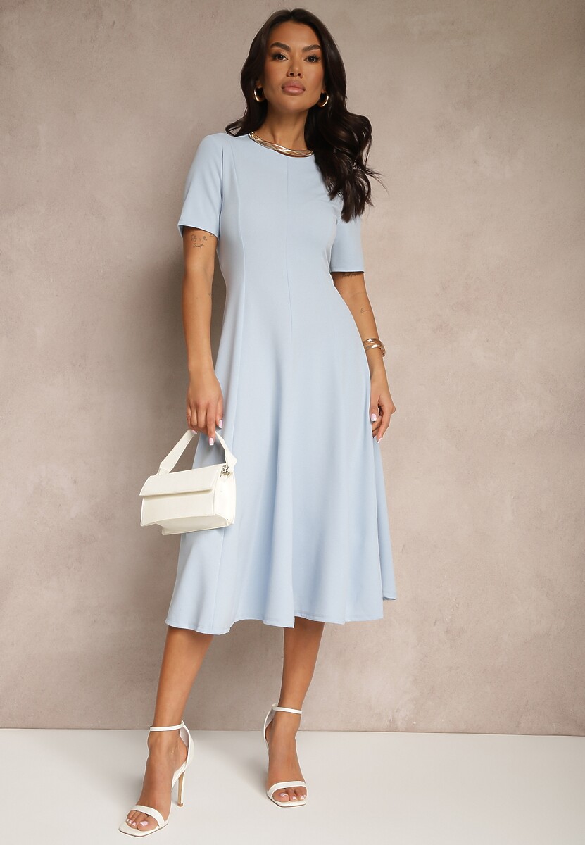 Niebieska Sukienka Rozkloszowana o Taliowanym Fasonie Telaswena