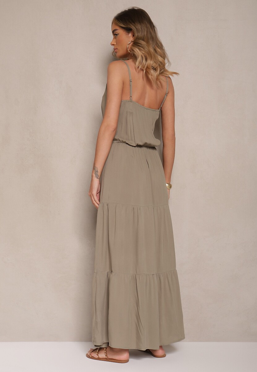 Zielona Rozkloszowana Sukienka z Wiskozy na Ramiączkach Flesira