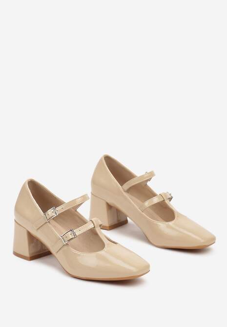 Beżowe Lakierowane Czółenka w Stylu Mary Jane na Słupku  Ciaralan