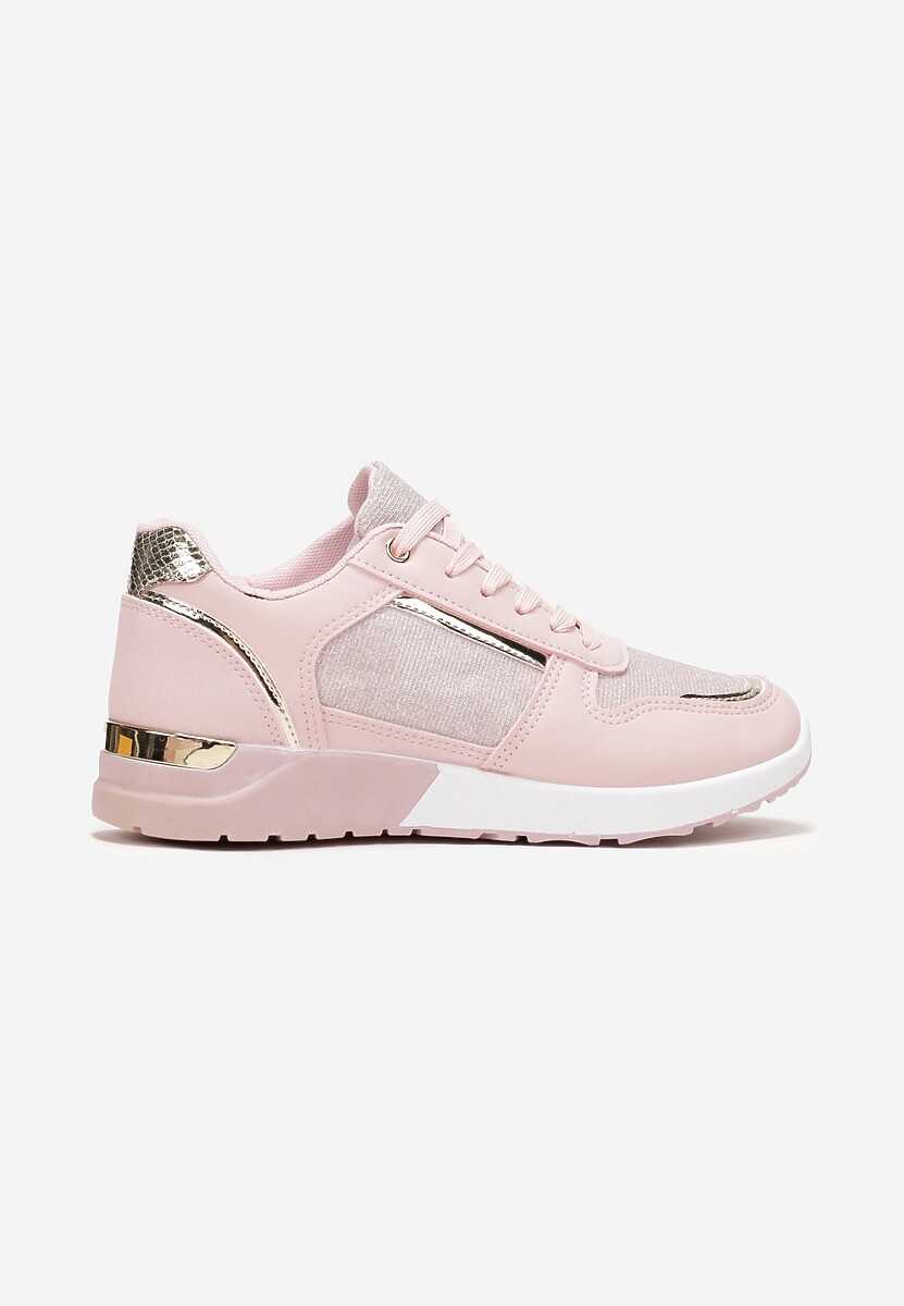 Różowe Płaskie Sneakersy Sznurowane z Brokatowymi Wstawkami Raflia