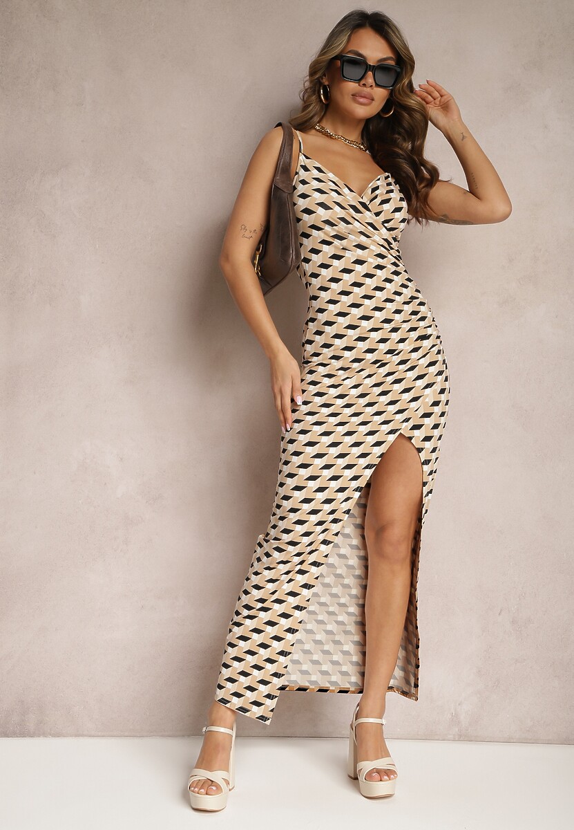 Beżowa Dopasowana Sukienka na Ramiączkach z Marszczeniem Terida