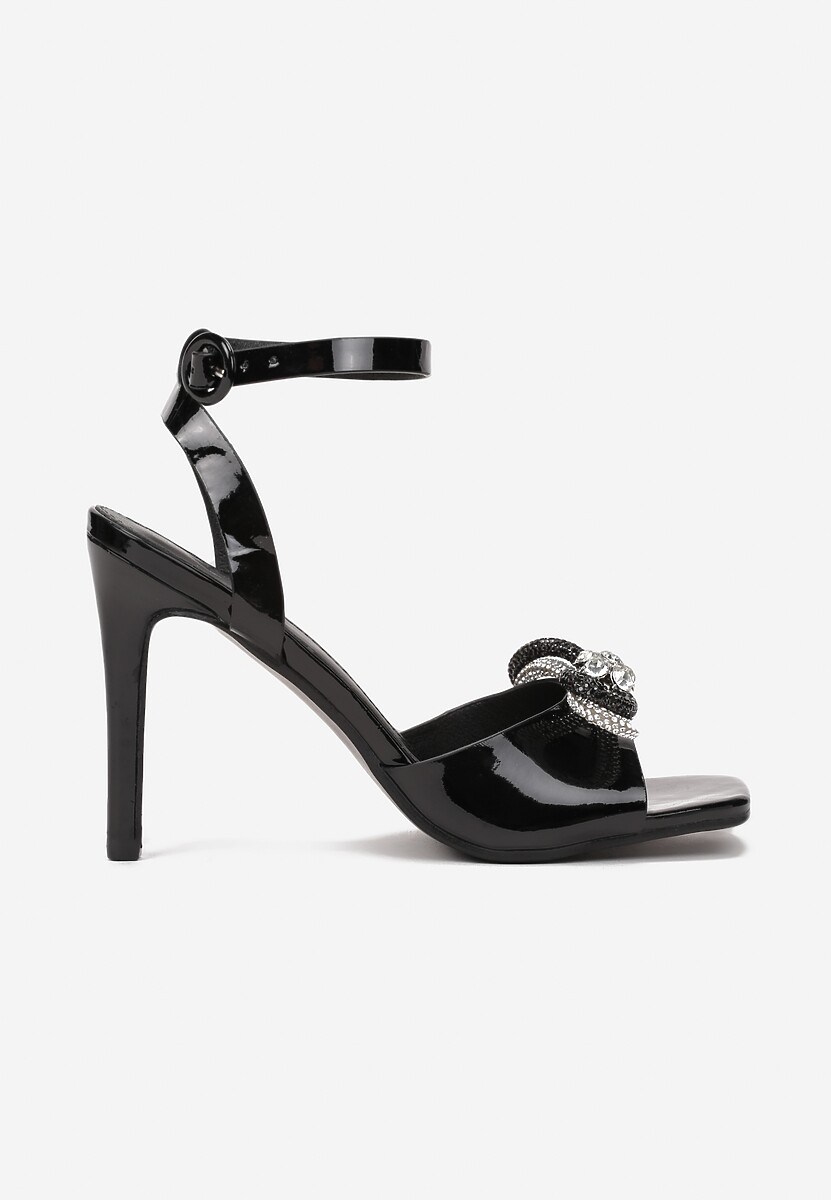 Czarne Sandały na Szpilce z Kokardą i Cyrkoniami Nelya