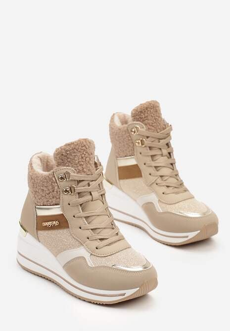 Ciemnobeżowe Botki na Koturnie w Streetwearowym Stylu Ozdobione Futerkiem Arabelline