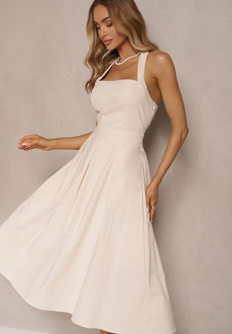 Beżowa Rozkloszowana Sukienka z Bawełną i Wiskozą na Szyję Kinulia