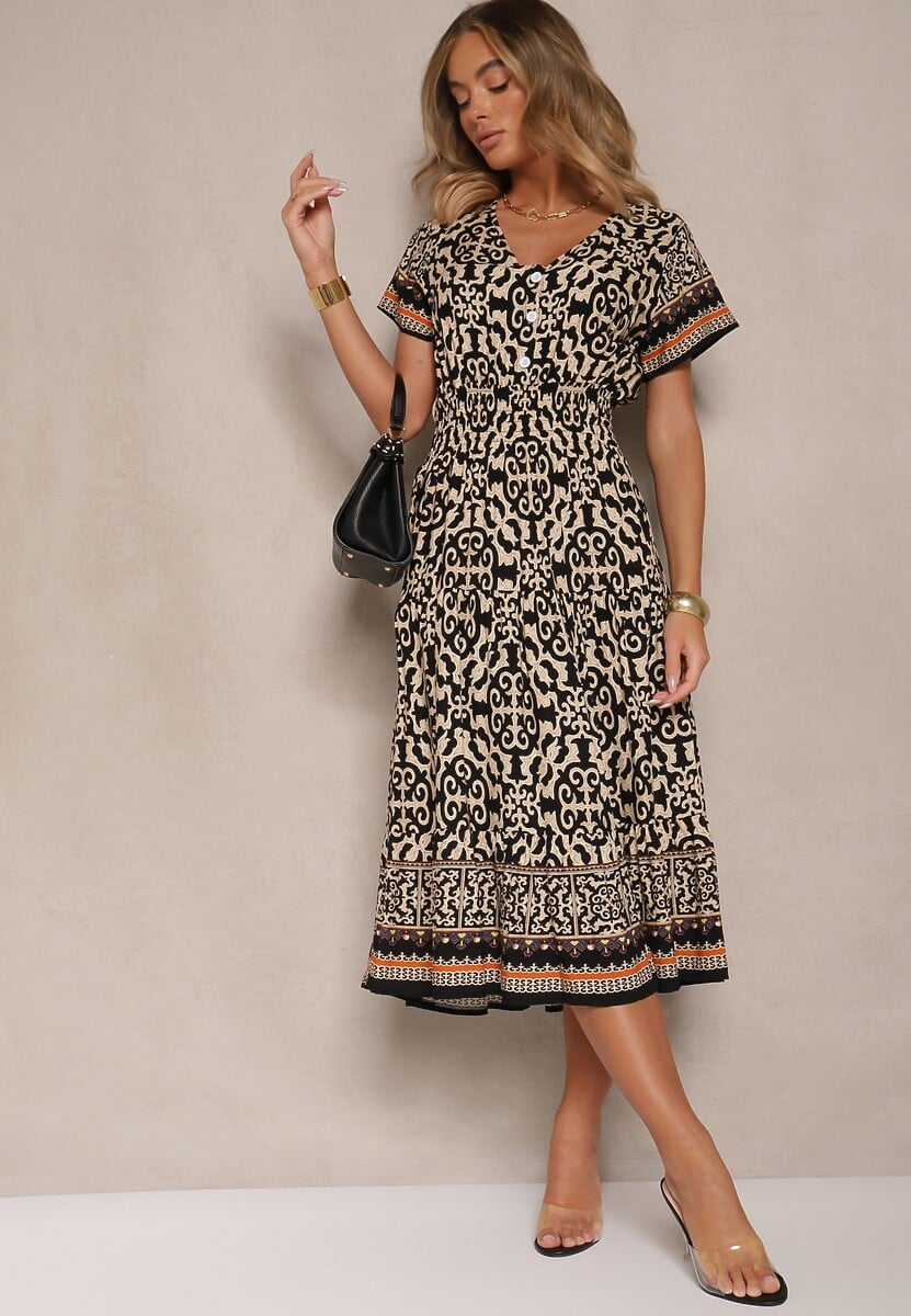 Czarna Sukienka z Bawełny z Gumką w Pasie i Ozdobnymi Guzikami Natifarela