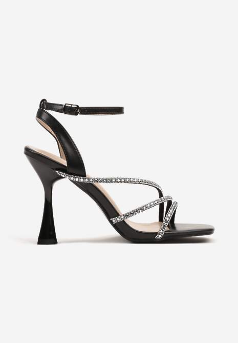 Czarne Sandały na Szpilce Ozdobione Paskami z Cyrkonii Nusiella