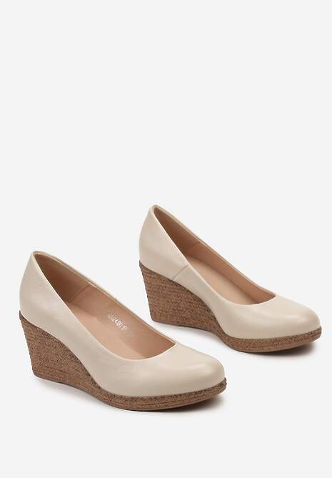 Beżowe Czółenka Vices ze Skórzaną Wkładką na Plecionym Koturnie Serapne