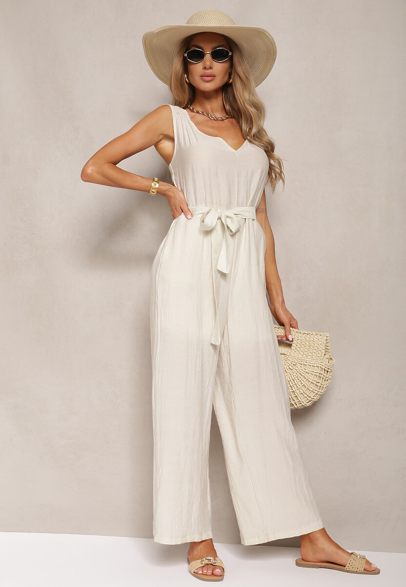 Jasnobeżowy Kombinezon z Wiskozy z Szerokimi Nogawkami z Gumką w Pasie i Materiałowym Paskiem Acladia