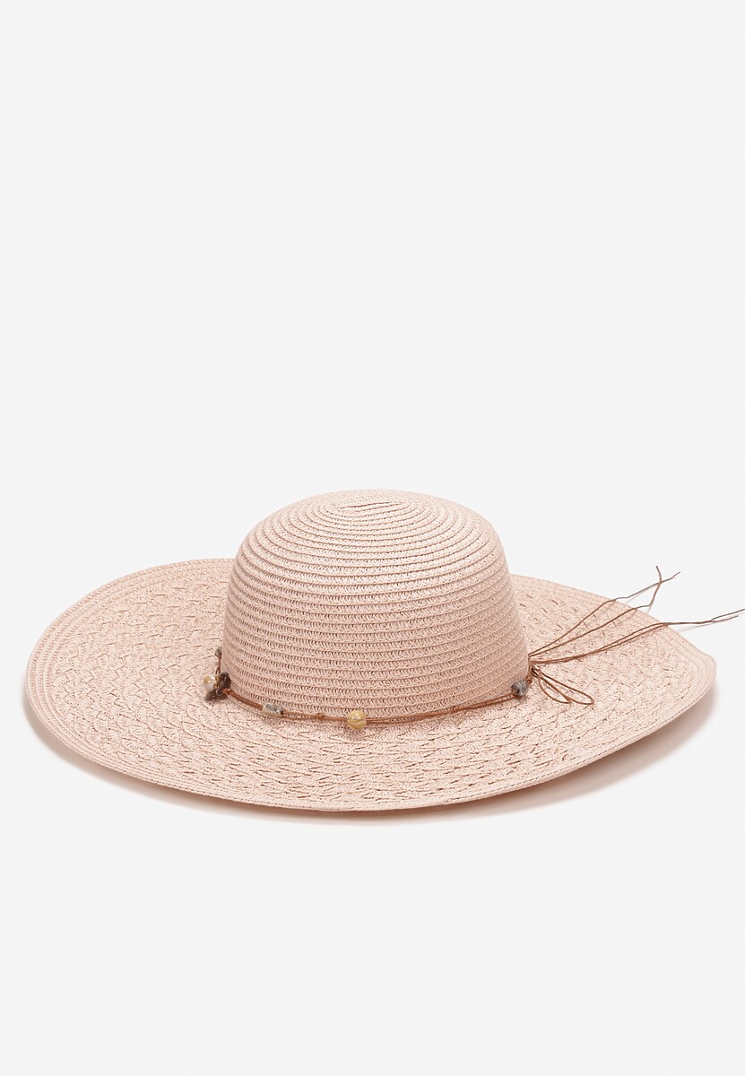 Różowy Szeroki Kapelusz Pleciony ze Sznurkiem z Kamyczkami Chira