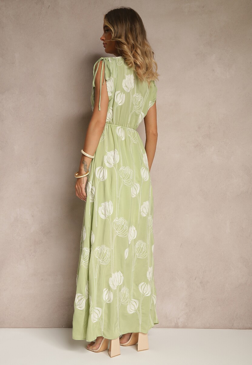 Zielona Sukienka z Wiskozy Ozdobiona Haftami Lumamire