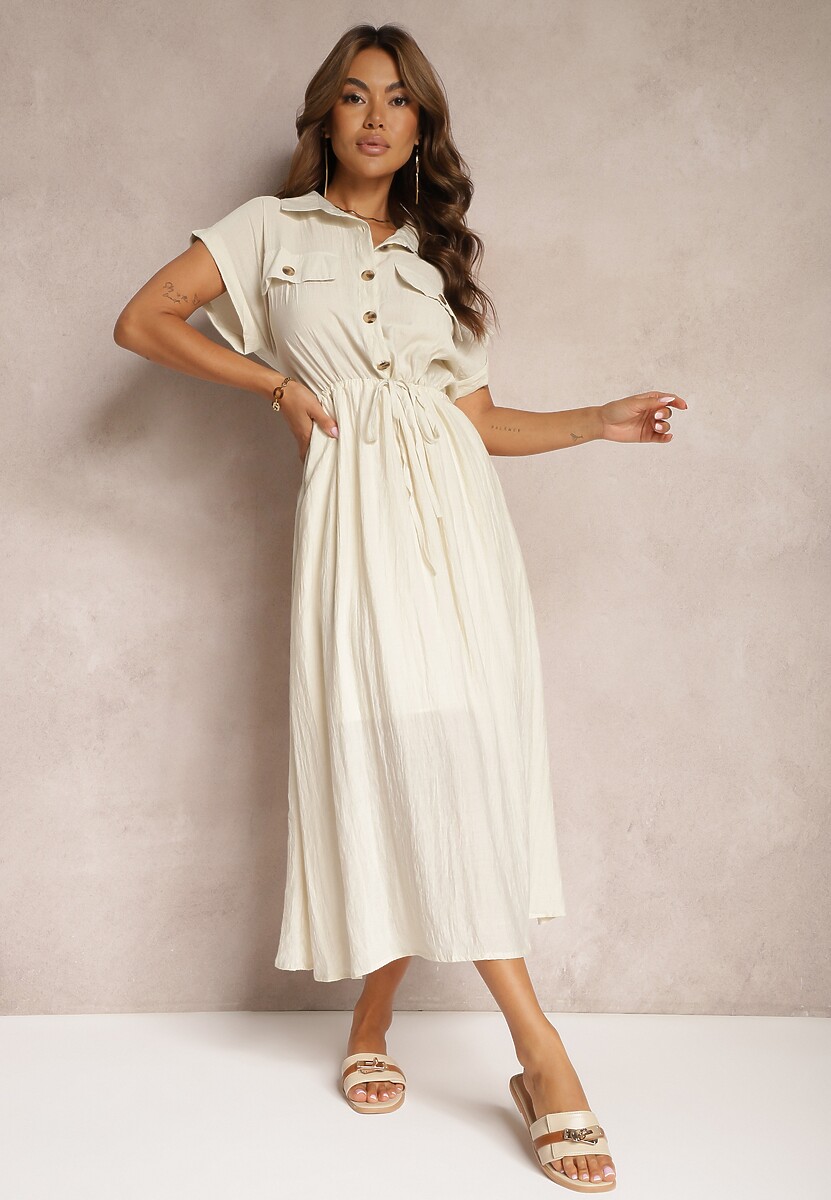 Beżowa Sukienka z Wiskozy o Rozkloszowanym Kroju z Gumką w Pasie i Napami Memvia