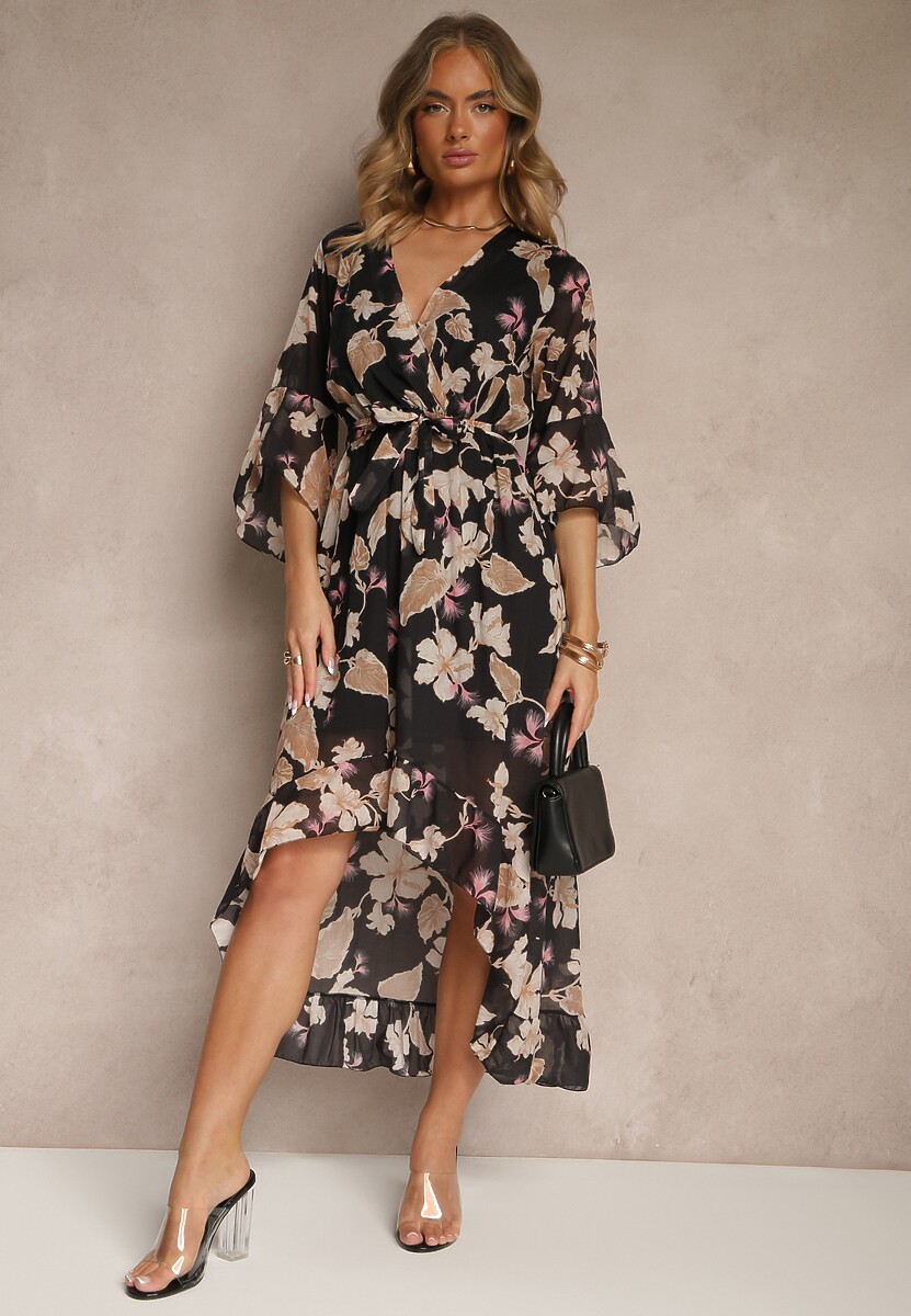 Niebieska Asymetryczna Sukienka z Bawełny z Kopertowym Dekoltem i Wiązanym Paskiem Nitilira