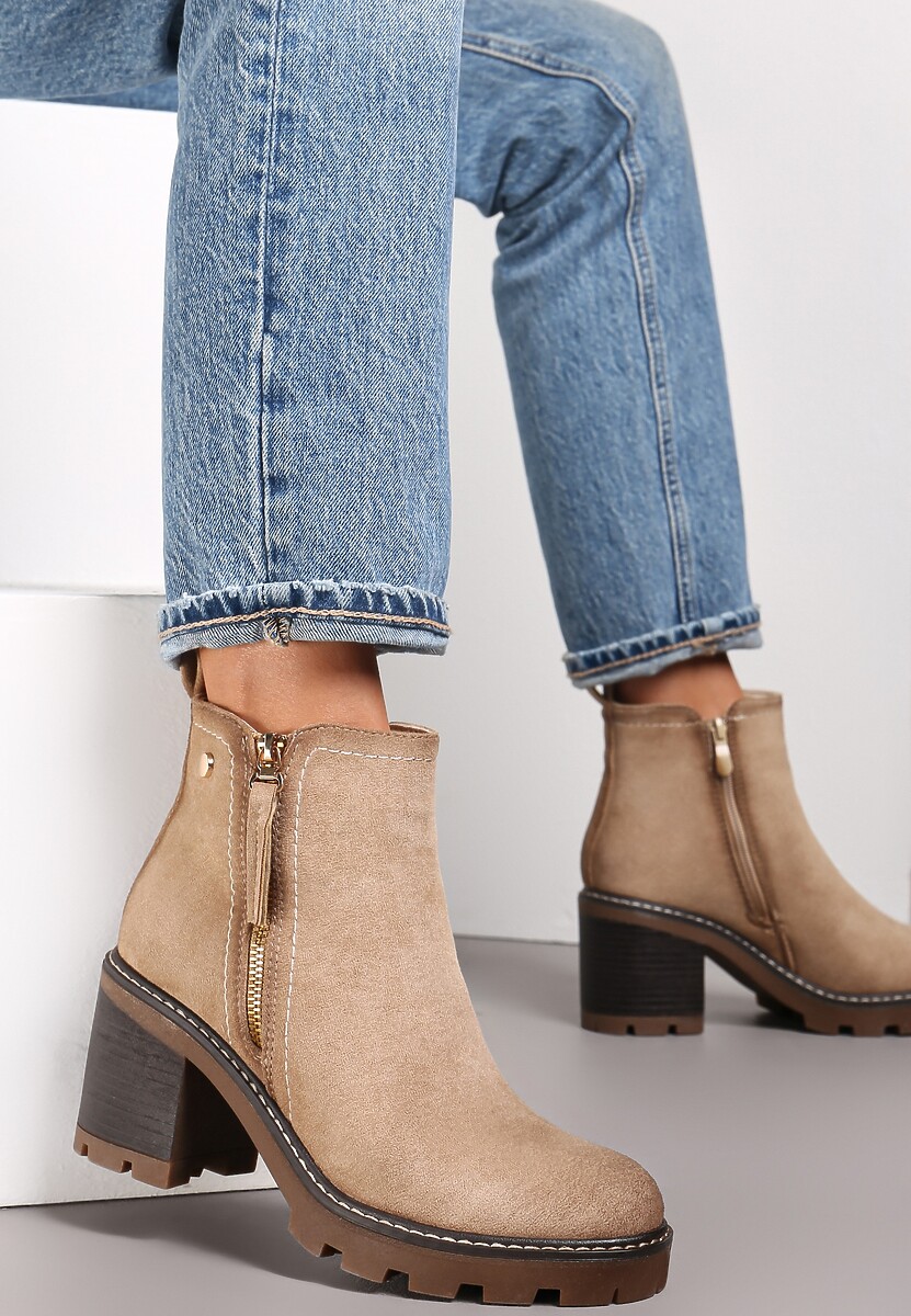 Brązowe Botki na Słupku Boho z Suwakiem Kodra