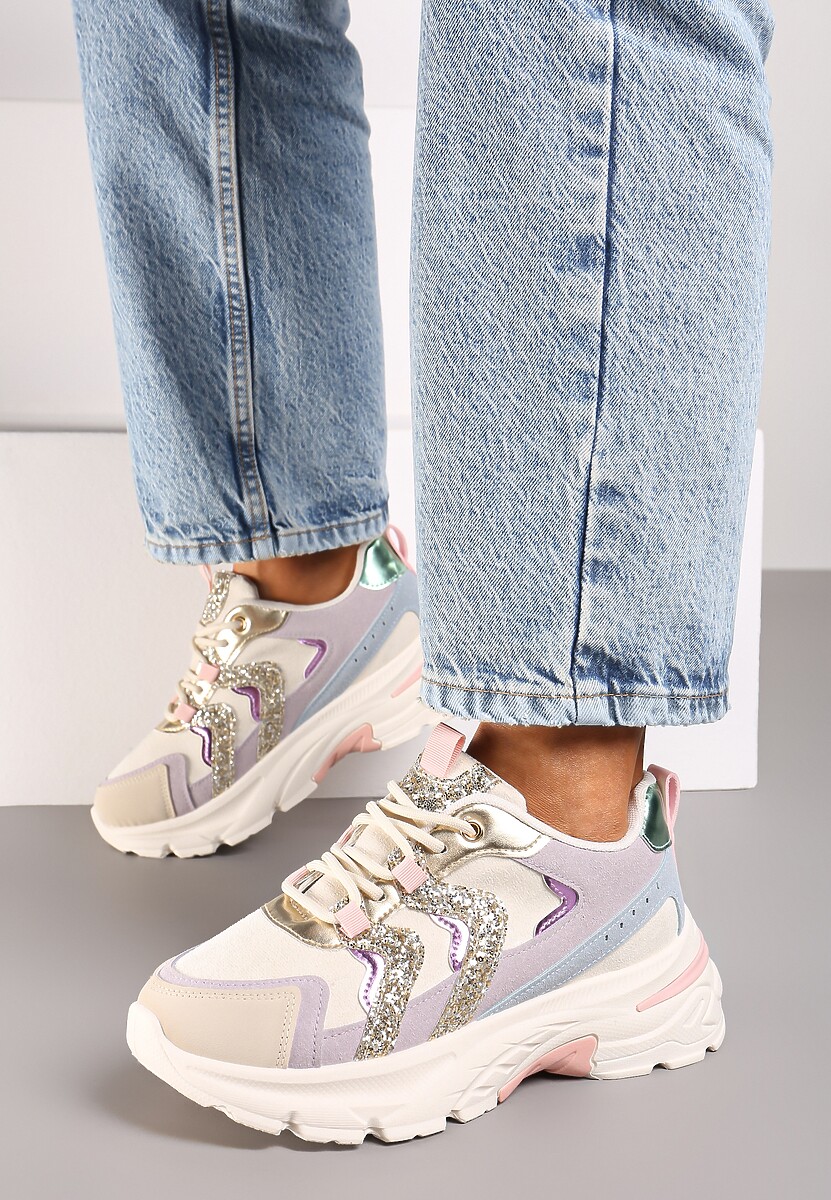 Jasnobeżowe Sznurowane Sneakersy na Platformie Ozdobione Brokatem Betira