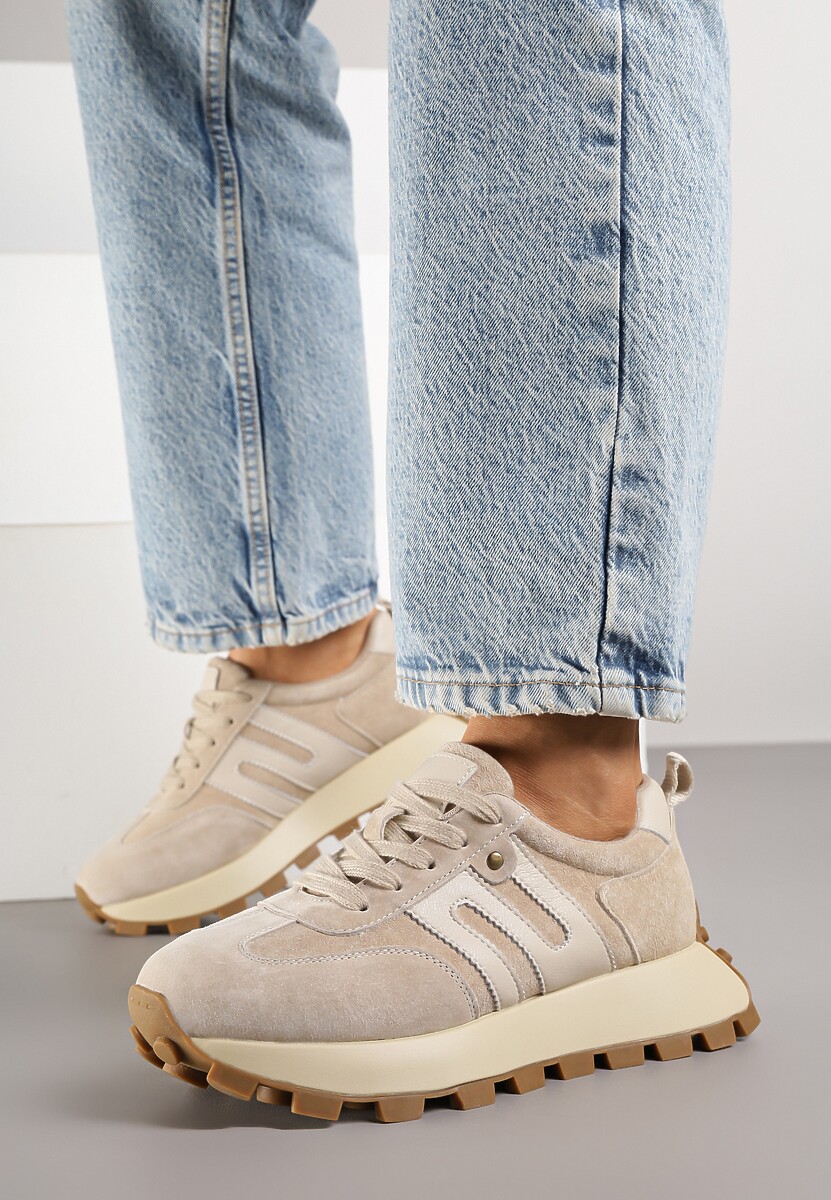 Beżowe Sneakersy ze Skóry Naturalnej Ozdobione Geometrycznym Wzorem Melassea
