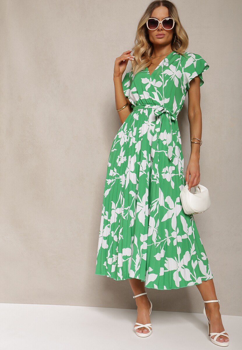 Zielona Sukienka z Kopertowym Dekoltem Plisowanym Dołem Wykończona w Talii Paskiem i Gumką Elsavia