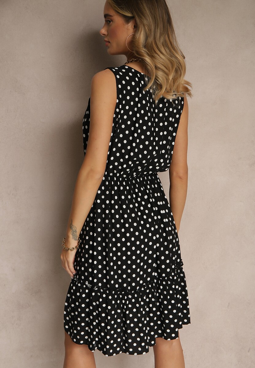 Czarna Rozkloszowana Sukienka z Bawełną i Wiskozą ze Wzorem Kropek Lilamora