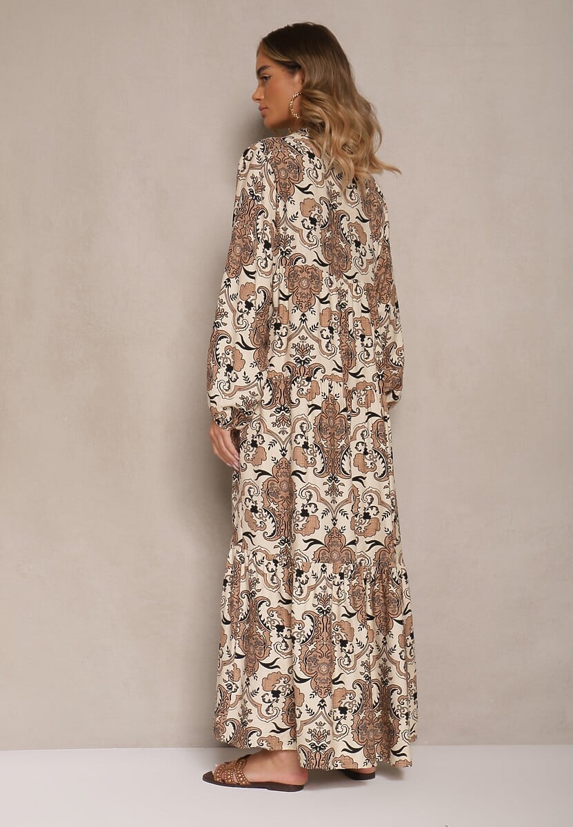 Brązowa Rozkloszowana Sukienka z Wiskozy z Dekoltem w Kształcie Litery V Atenavela