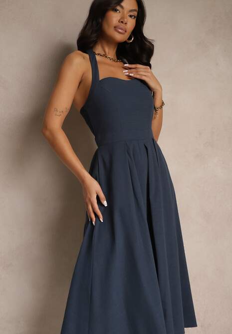 Granatowa Rozkloszowana Sukienka z Bawełną i Wiskozą na Szyję Kinulia