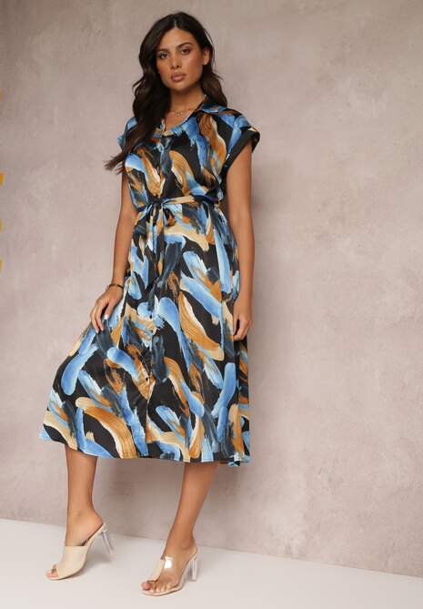Czarno-Niebieska Wzorzysta Sukienka Midi z Kołnierzem i Materiałowym Paskiem Jenica