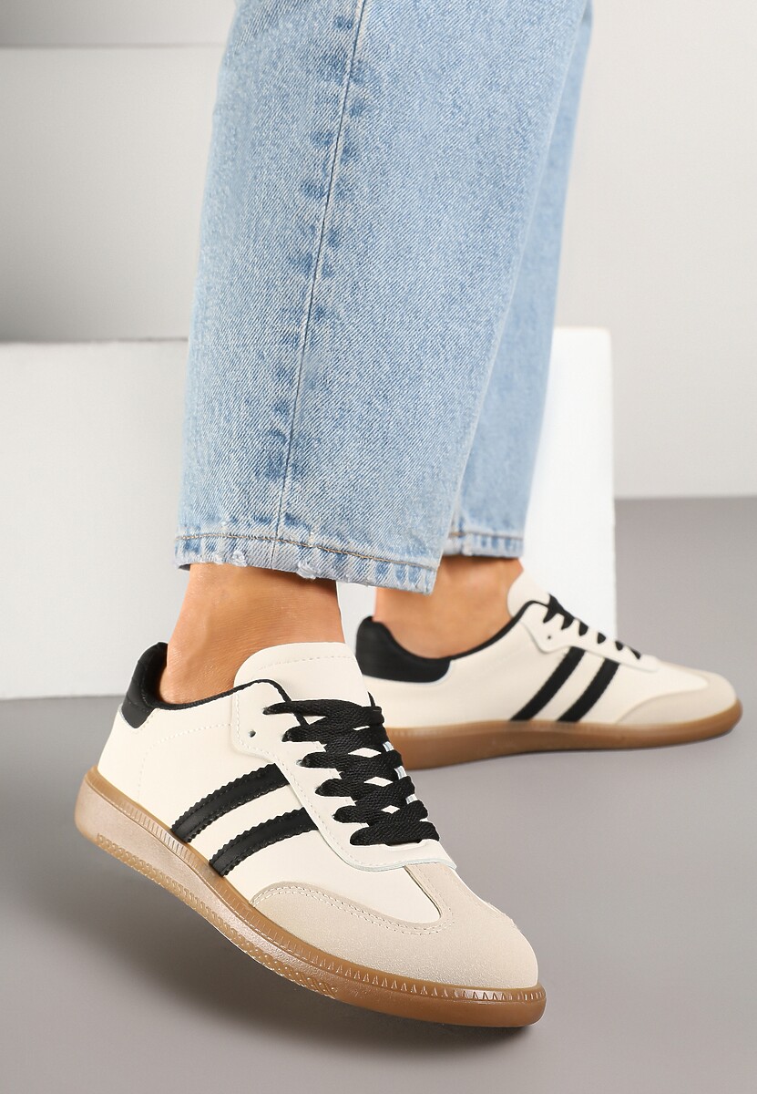 Beżowo-Czarne Casualowe Sneakersy na Płaskiej Podeszwie z Paskami Jereria