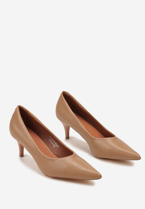 Ciemnobeżowe Czółenka Vices na Obcasie Typu Kaczuszka ze Skórzaną Wkładką Amerisse