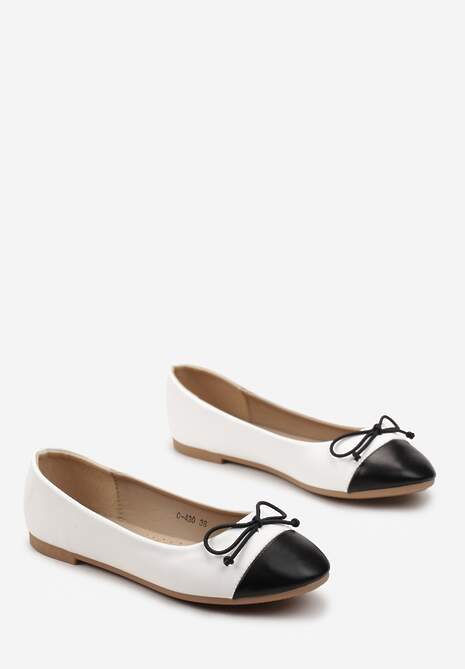 Białe Balerinki z Ozdobną Kokardką i Kontrastowym Noskiem Sanahia
