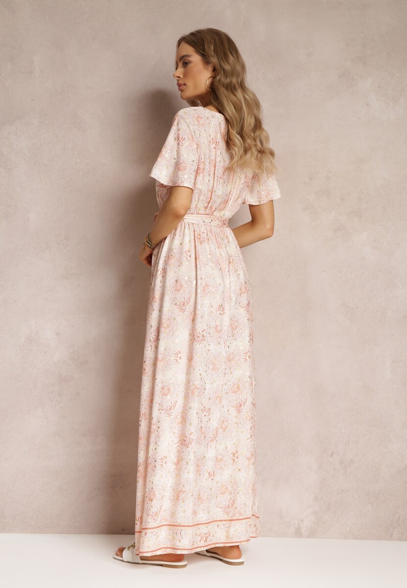 Jasnobeżowa Wiskozowa Sukienka z Metalicznym Wzorem i Gumką w Pasie Carinalia