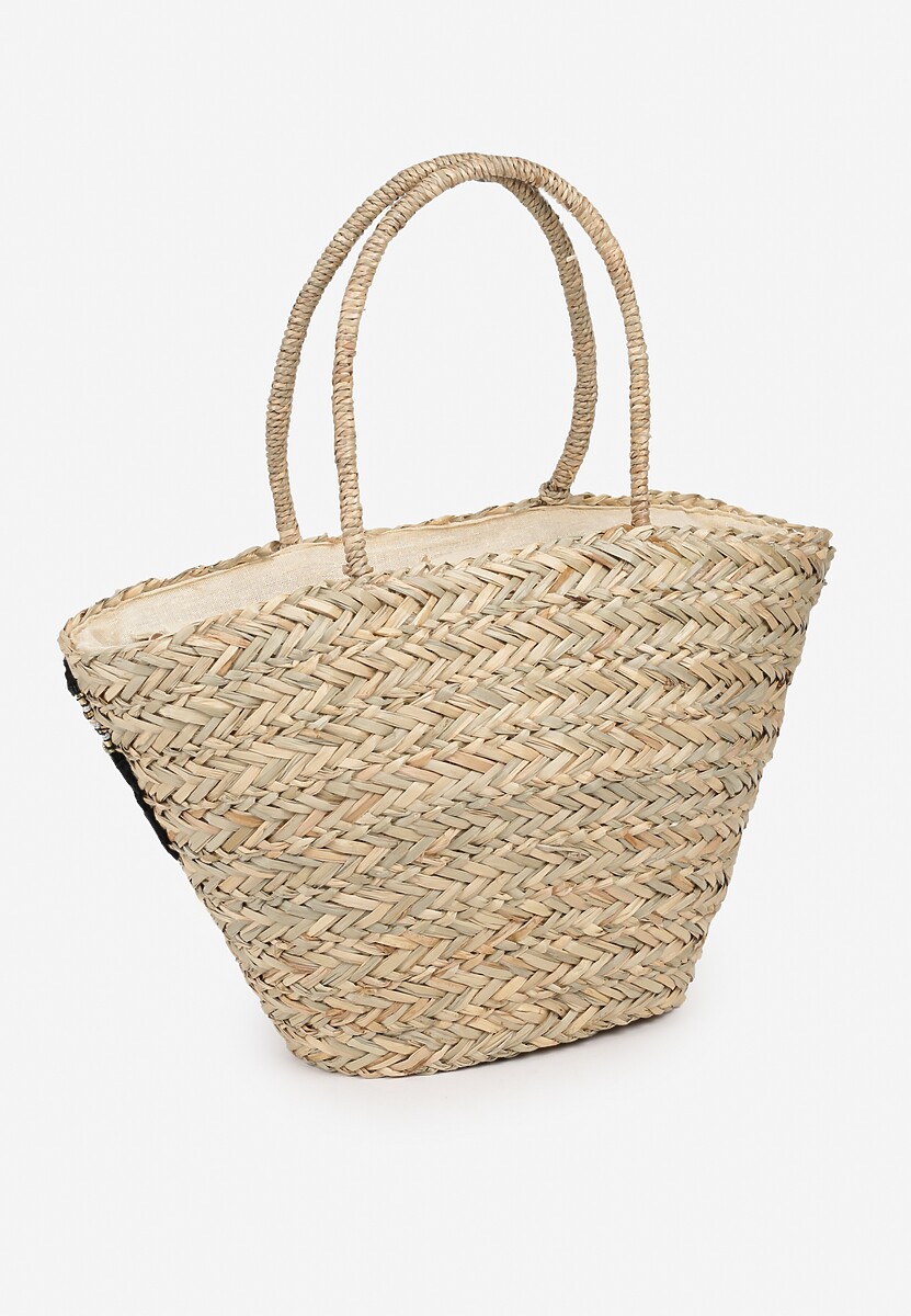 Czarno-Beżowa Torebka z Plecionki Ozdobiona Ażurowym Paskiem Belpia