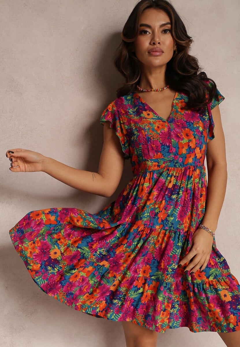 Niebieska Wiskozowa Sukienka Mini z Falbaną Linne