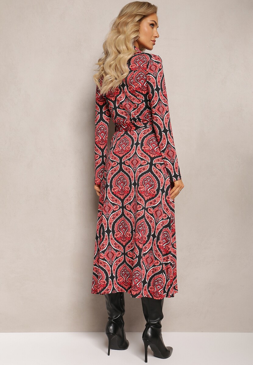 Czerwona Sukienka Koszulowa z Materiałowym Paskiem z Wzorem Paisley Cevilia