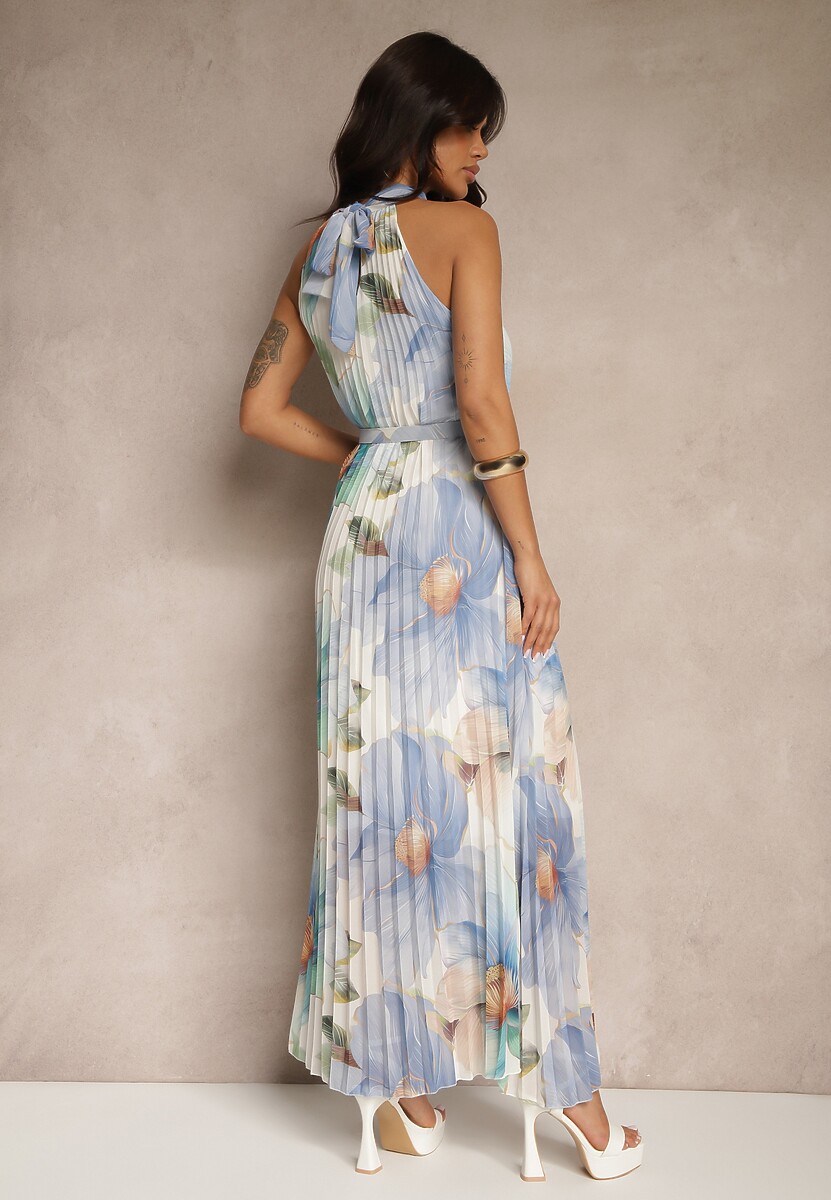 Niebieska Plisowana Sukienka z Wiązaniem i Paskiem z Klamrą Nitolia