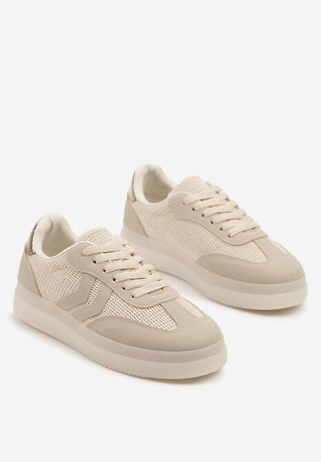 Beżowe Sneakersy Tenisówki Ozdobione Paskami Falovinia