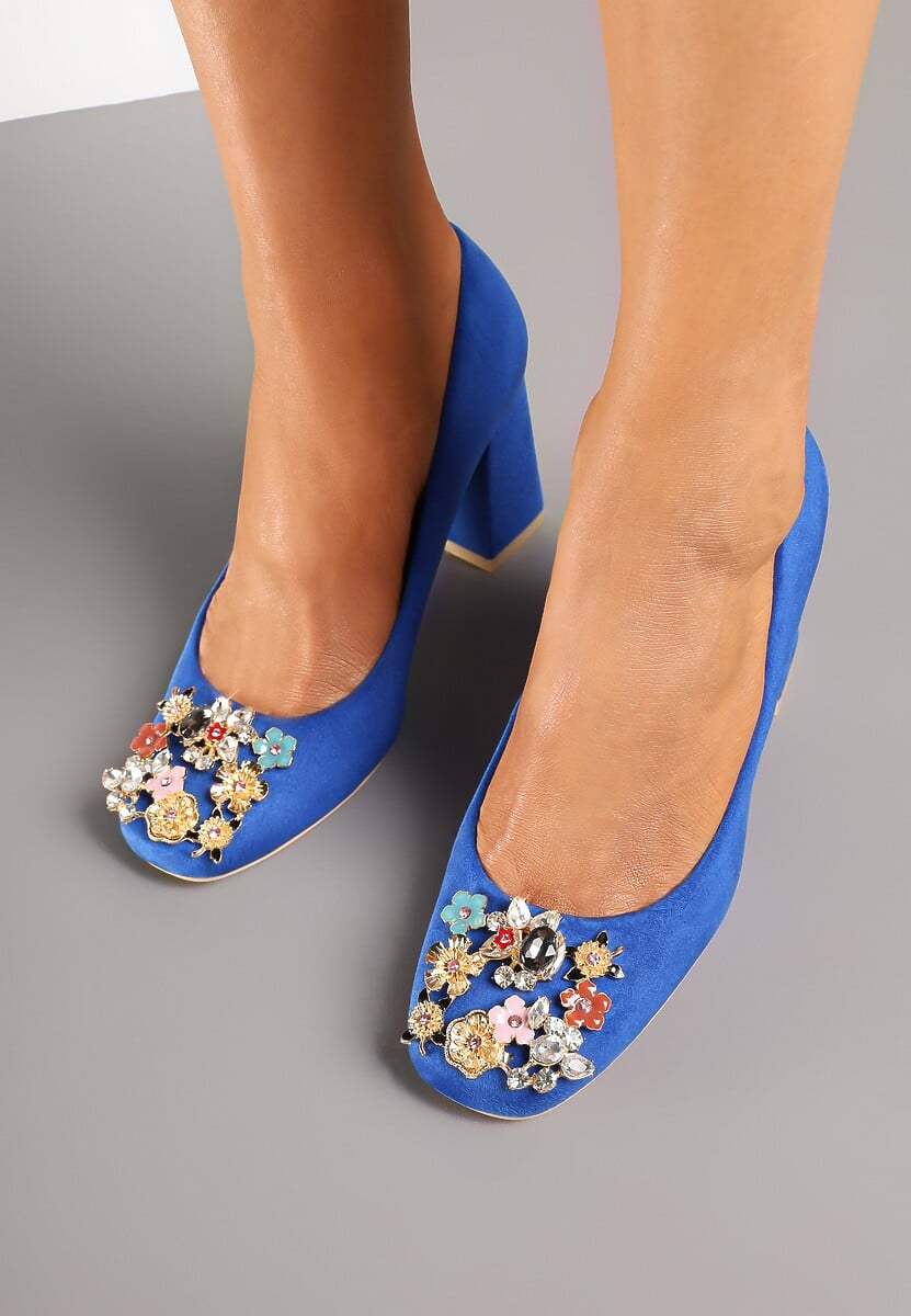 Niebieskie Czółenka Vices na Obcasie z Klamerką z Kryształków i Skórzaną Wkładką Arutia