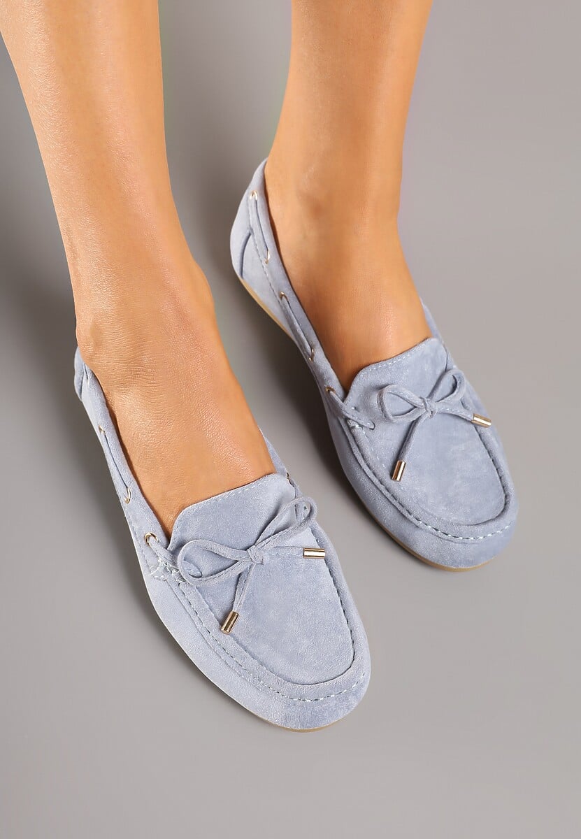Niebieskie Mokasyny z Ekozamszu Zdobione Wiązaniem z Kokardą Sonilora