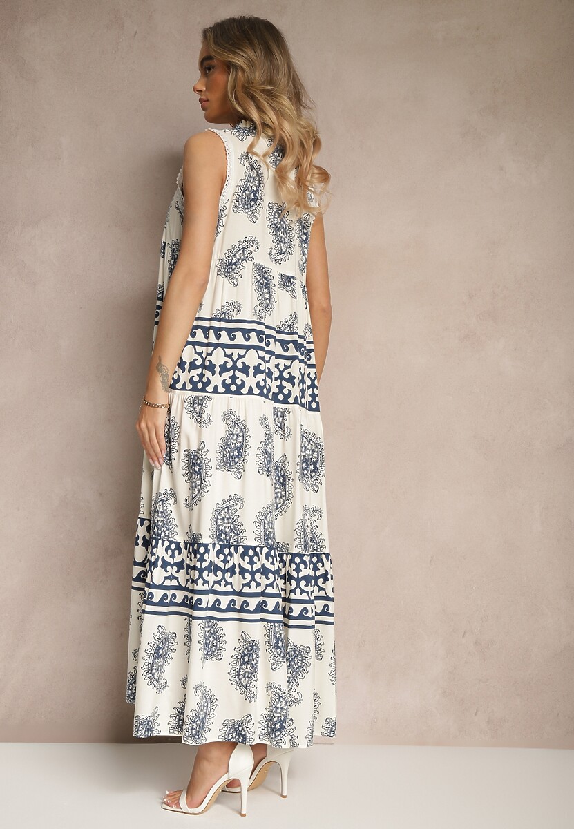 Niebieska Rozkloszowana Sukienka z Wiskozy Wiązana pod Szyją w Print Paisley Nreadia