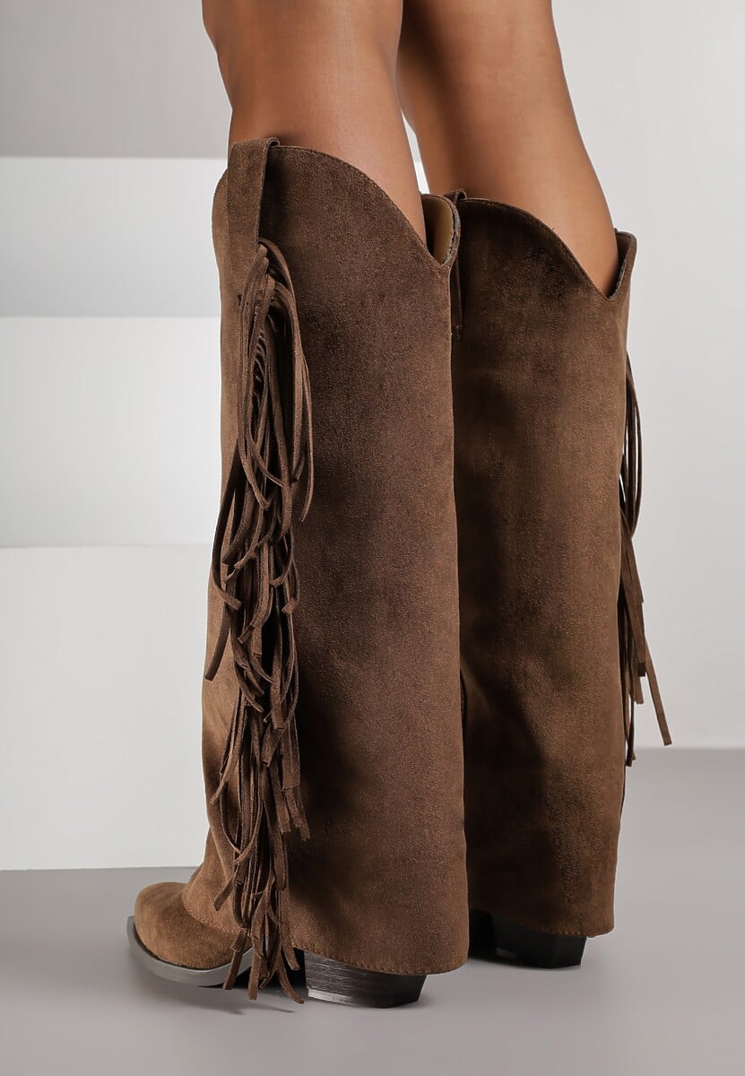 Brązowe Kozaki Kowbojki na Stożku z Cholewką Imitującą Nogawkę z Frędzlami Monettea