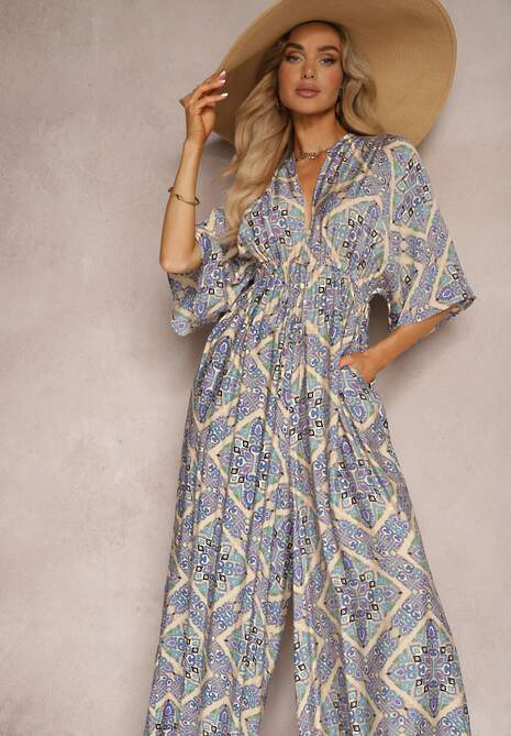 Niebieski Boho Kombinezon z Wiązaniem na Plecach z Gumką w Pasie i Długimi Nogawkami Sopolia