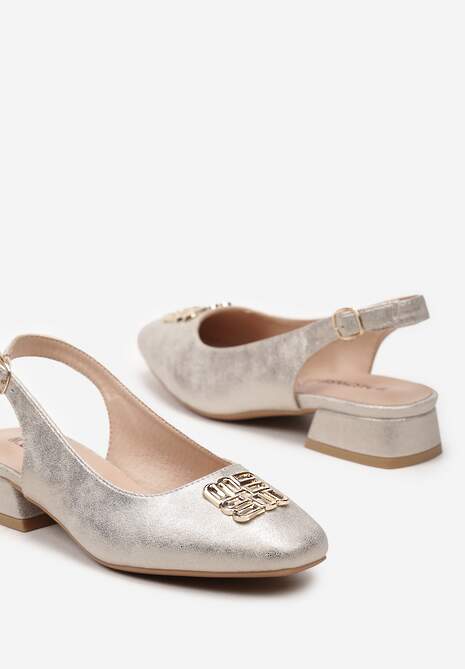 Złote Czółenka bez Pięty na Niewysokim Obcasie ze Skórzaną Wkładką Ithil