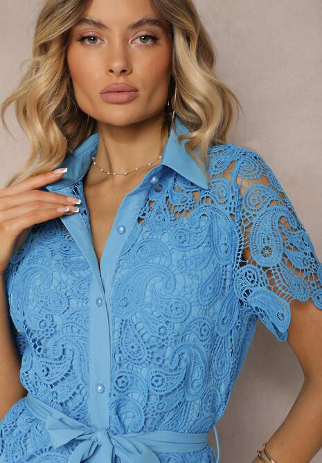 Niebieska   Koronkowa Sukienka Koszulowa Midi z Paskiem Azariela